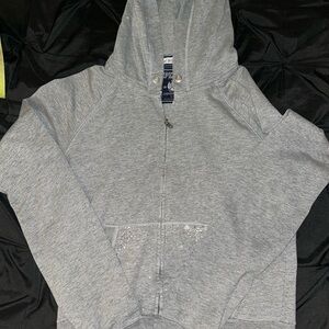 Gray Zip-Up Hoodie with Rhinestone Detail